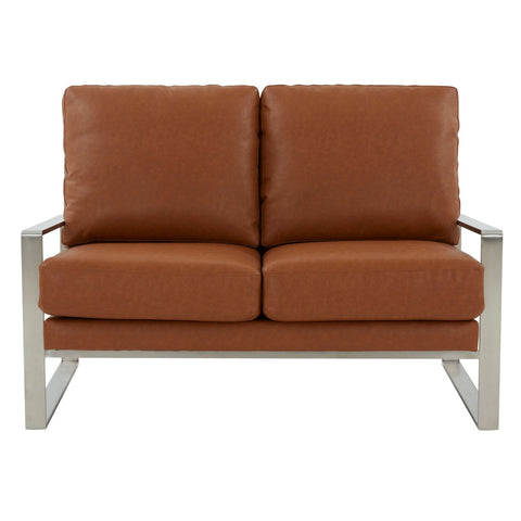 LeisureMod Jefferson Contemporary Modern Design Leather Loveseat With Silver Frame