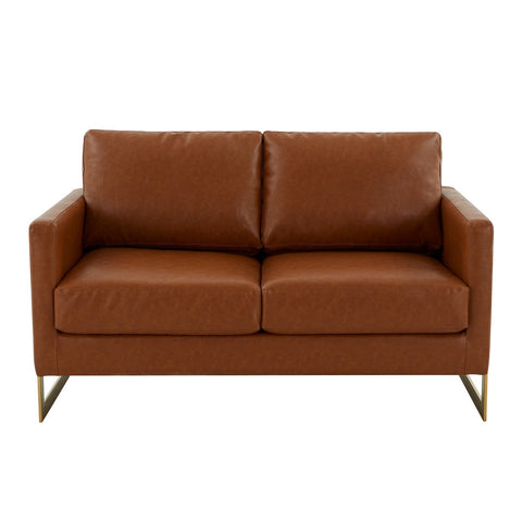 LeisureMod Lincoln Leather Loveseat With Gold Frame