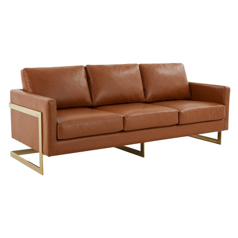 LeisureMod Lincoln Leather Sofa With Gold Frame