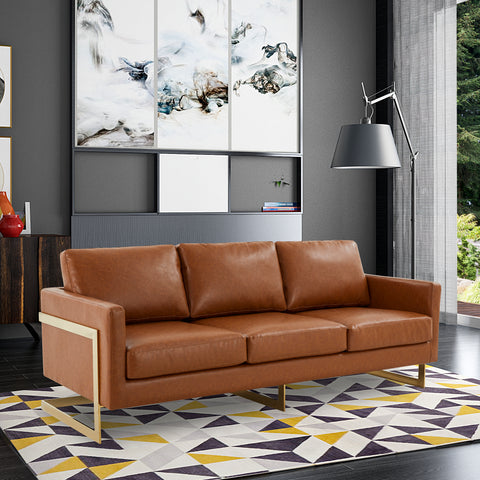 LeisureMod Lincoln Leather Sofa With Gold Frame