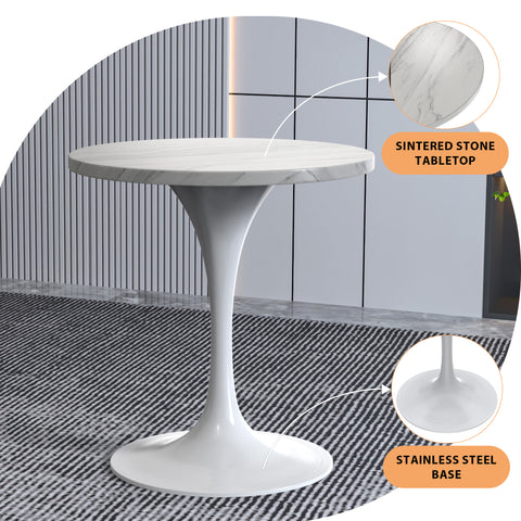 LeisureMod Verve Modern Dining Table 27" Round Sintered Stone Tabletop and White Stainless Steel Pedestal Base