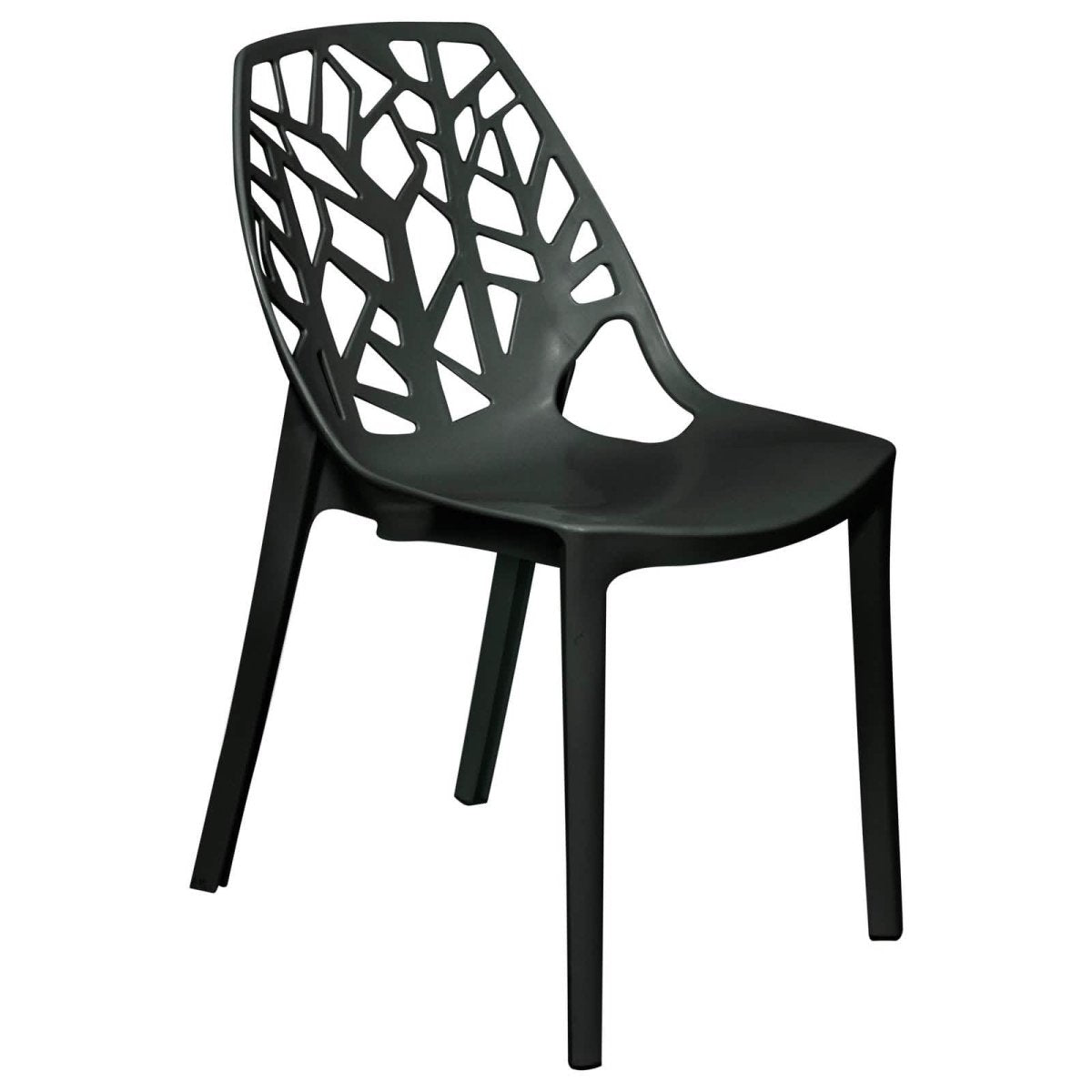 Leisuremod Dining Chair Solid Black Cornelia Modern ABS Plastic Stackable Dining Chair with Cut-Out Tree Design