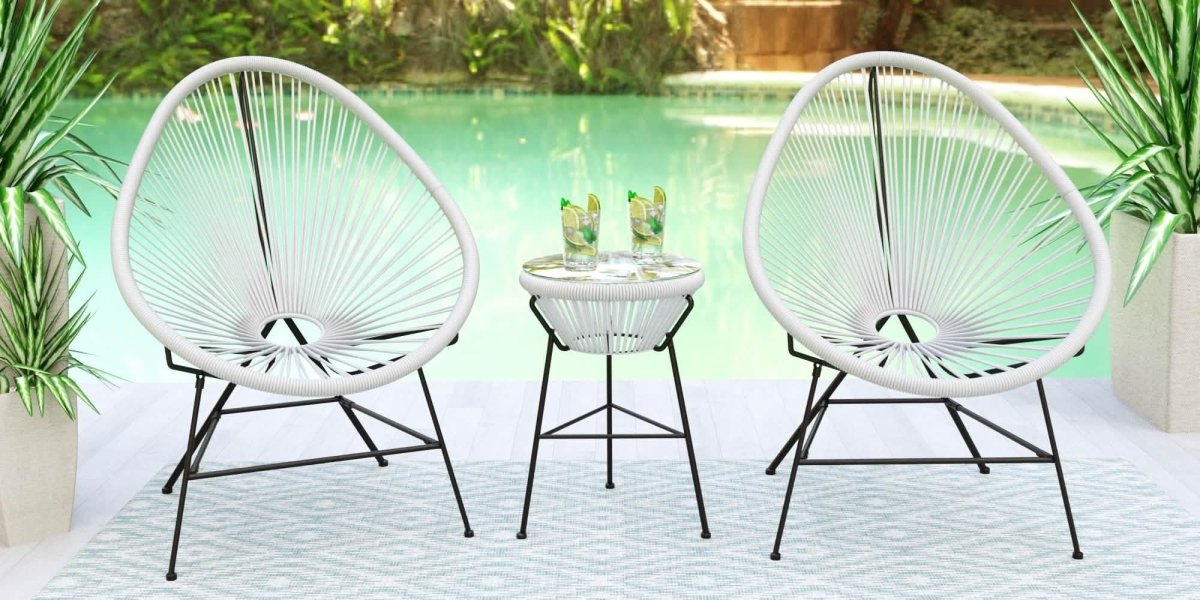 Leisuremod White Montara 3 Piece Outdoor Lounge Patio Chairs With Glass Top Table