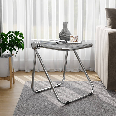 LeisureMod Lawrence Modern Rectangular Folding Side Table in Chrome Finish with Plastic Tabletop and Aluminum Frame