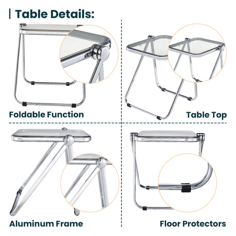 LeisureMod Lawrence Modern Rectangular Folding Side Table in Chrome Finish with Plastic Tabletop and Aluminum Frame