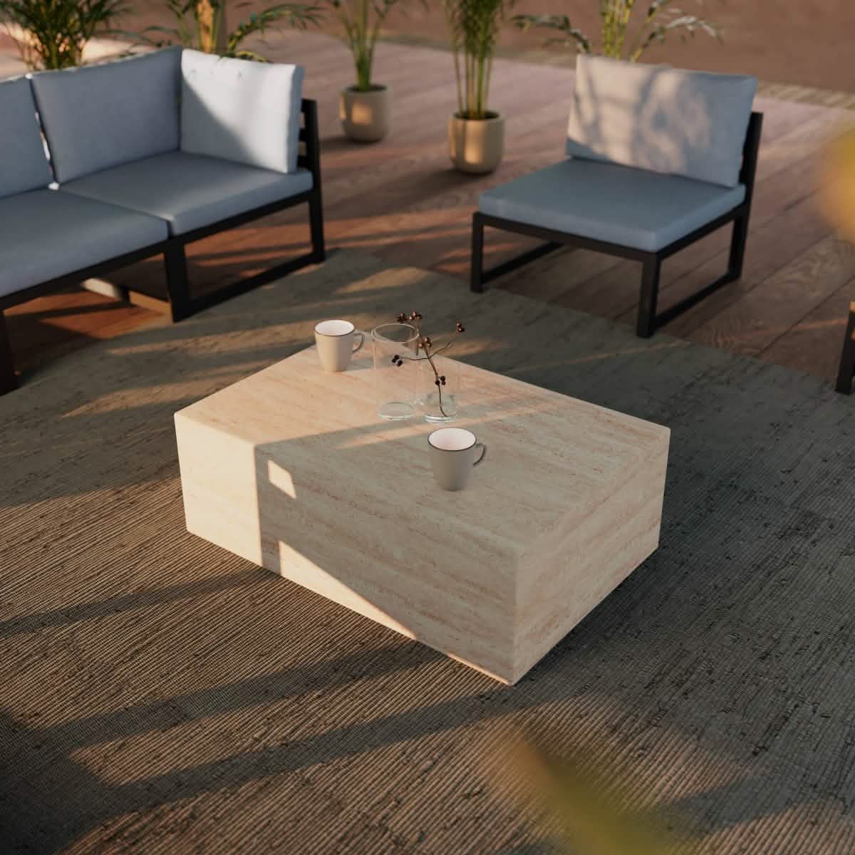 Maya Collection Fiberstone Outdoor/Indoor Rectangular Coffee Table in Travertine