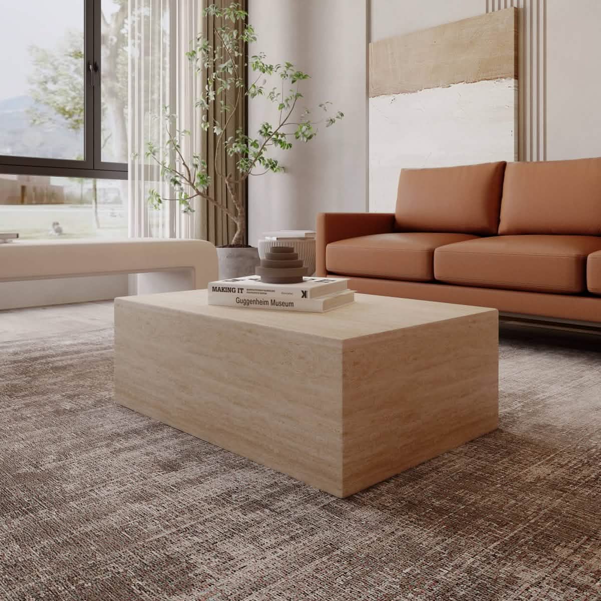 Maya Collection Fiberstone Outdoor/Indoor Rectangular Coffee Table in Travertine