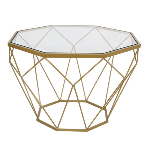 LeisureMod Malibu Modern Octagon Glass Top Coffee Table / End Table With Gold Metal Base