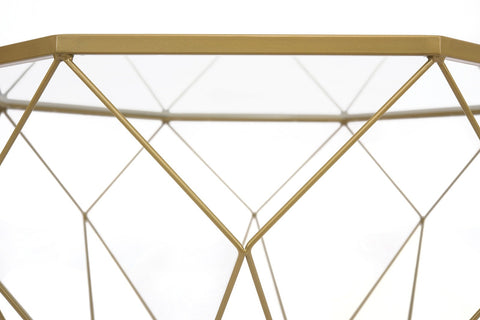 LeisureMod Malibu Modern Octagon Glass Top Coffee Table / End Table With Gold Metal Base