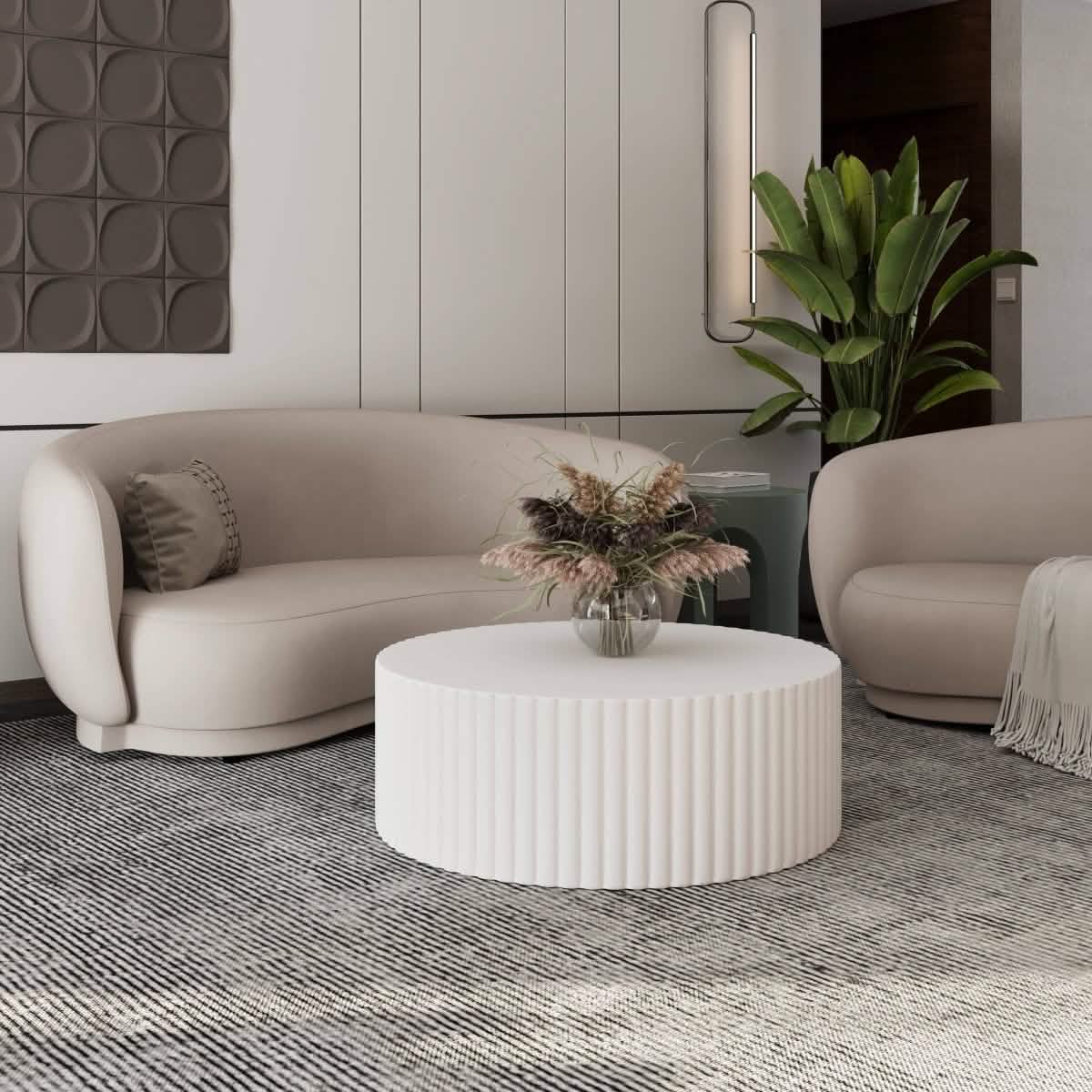 Milena 42" Round White Fiberstone Coffee Table with Fluted Base – Indoor/Outdoor