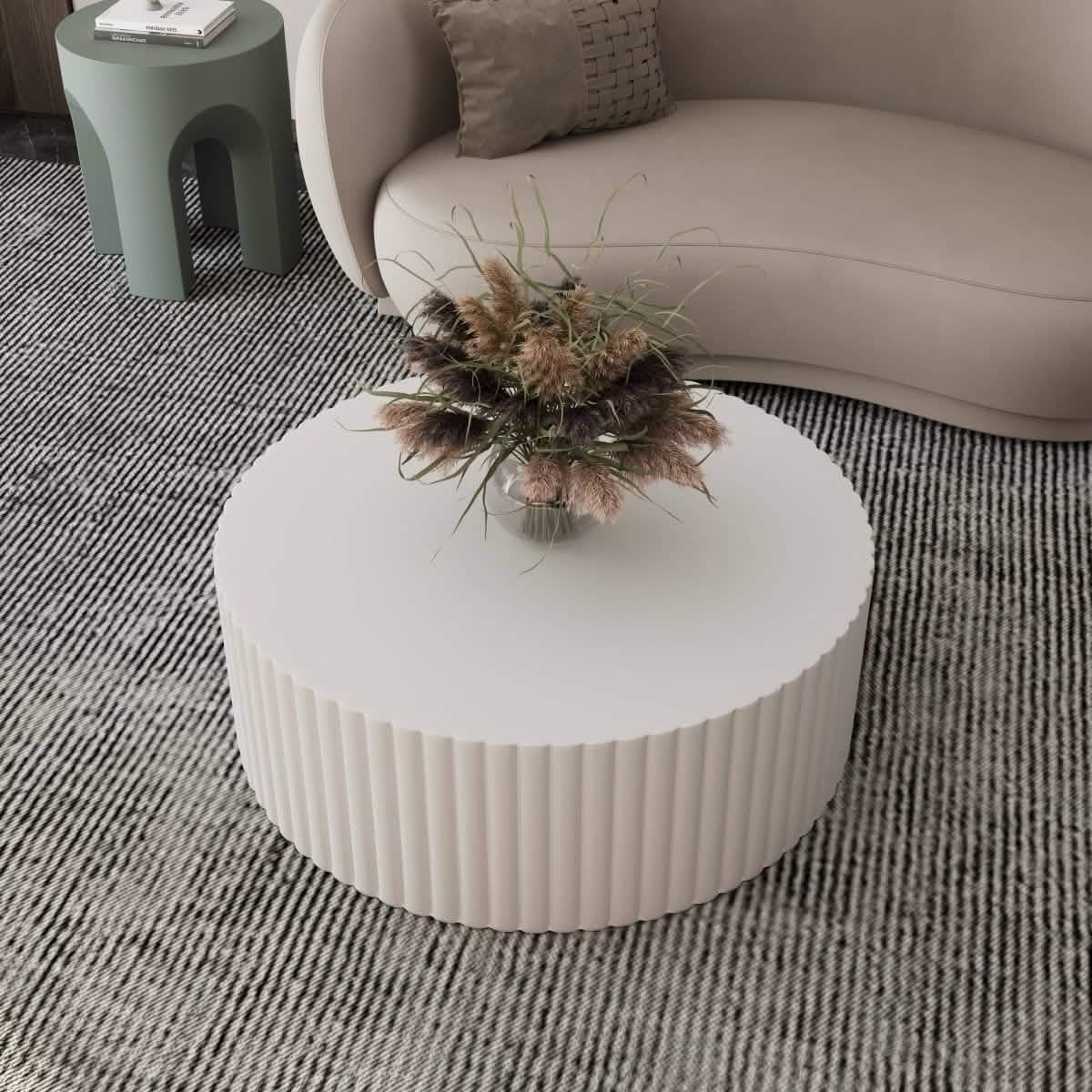 Milena 42" Round White Fiberstone Coffee Table with Fluted Base – Indoor/Outdoor