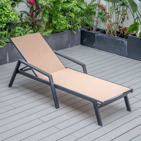 LeisureMod Marlin Patio Chaise Lounge Chair With Armrests in Black Aluminum Frame