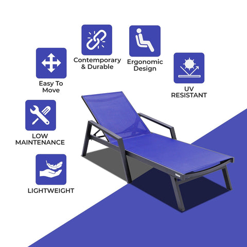 LeisureMod Marlin Patio Chaise Lounge Chair With Armrests in Black Aluminum Frame