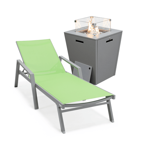 LeisureMod Marlin Modern Grey Aluminum Outdoor Chaise Lounge Chair With Arms and Square Fire Pit Side Table for Patio