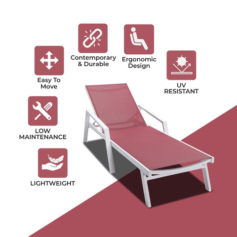 LeisureMod Marlin Patio Chaise Lounge Chair With Armrests in White Aluminum Frame