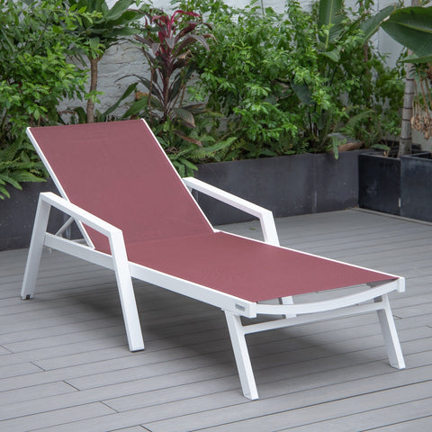 LeisureMod Marlin Patio Chaise Lounge Chair With Armrests in White Aluminum Frame
