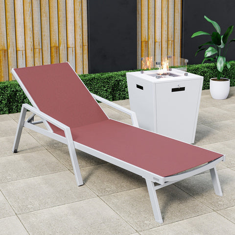 LeisureMod Marlin Modern White Aluminum Outdoor Chaise Lounge Chair With Arms and Square Fire Pit Side Table for Patio