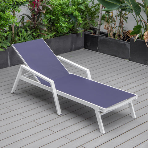 LeisureMod Marlin Modern White Aluminum Outdoor Chaise Lounge Chair With Arms and Square Fire Pit Side Table for Patio