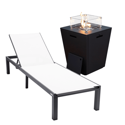 LeisureMod Marlin Modern Black Aluminum Outdoor Patio Chaise Lounge Chair with Square Fire Pit Side Table