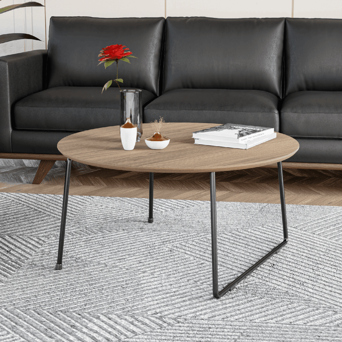 Pemborke Round Coffee Table with Oak Wood Tabletop in Iron