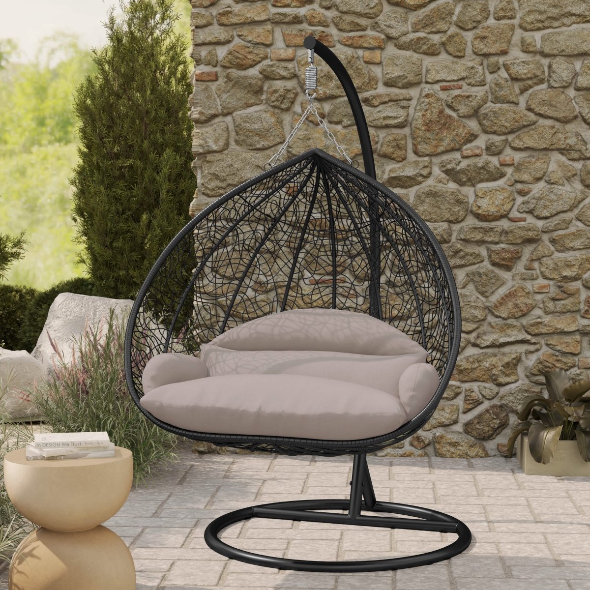 Recluse Modern Outdoor Egg Swing Chair Black/Brown/Grey Frame in Teardrop Design with ES57 Cushion