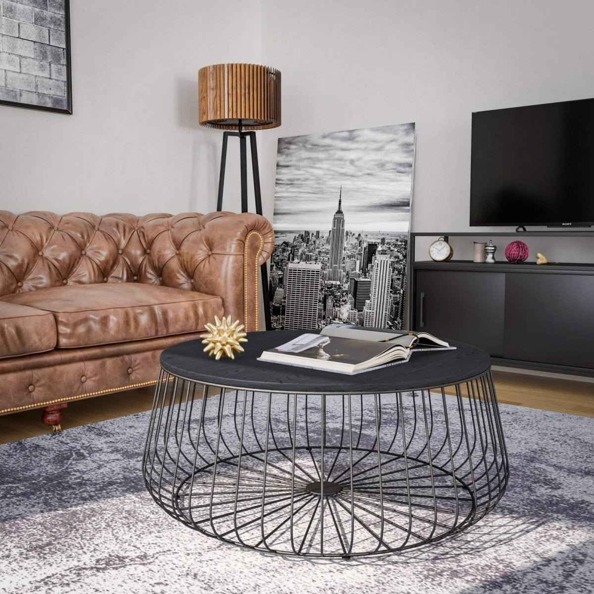 Runswick Round Coffee Table with MDF Tabletop Storage Space in Black Steel Base