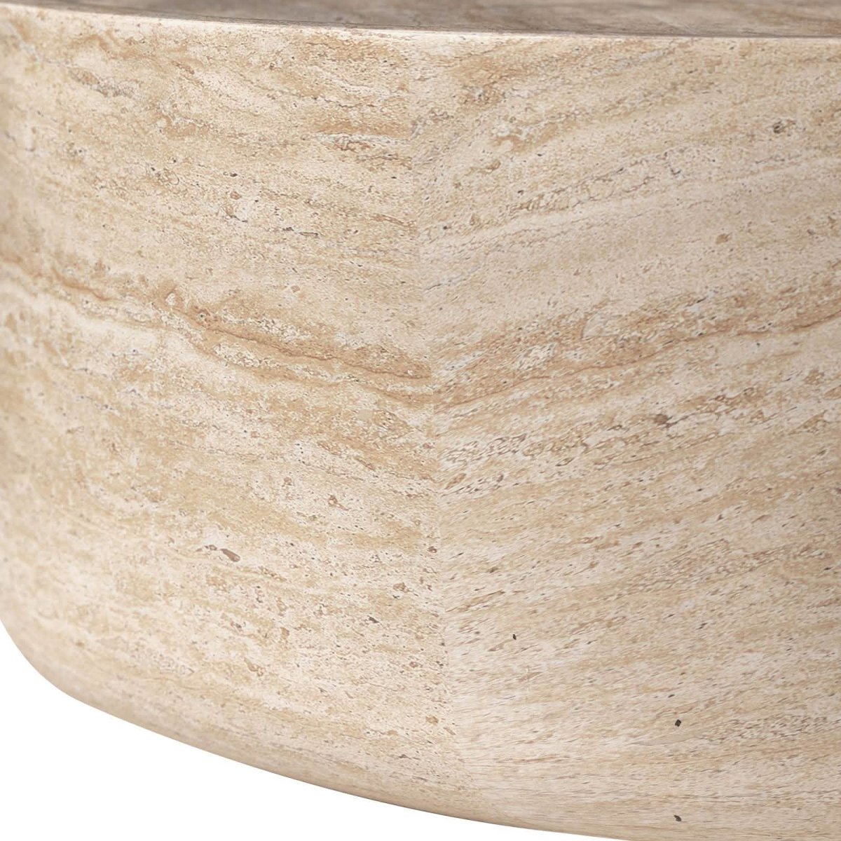 Sandy 32" Round Coffee Table, Travertine Finish, Fiberstone, Indoor/Outdoor