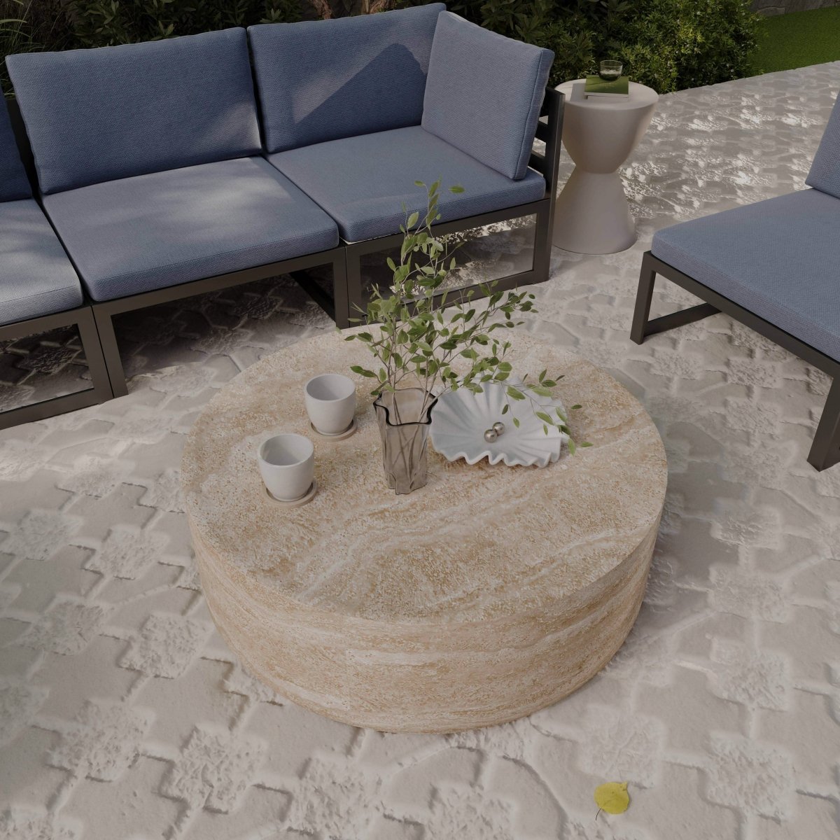 Sandy 32" Round Coffee Table, Travertine Finish, Fiberstone, Indoor/Outdoor