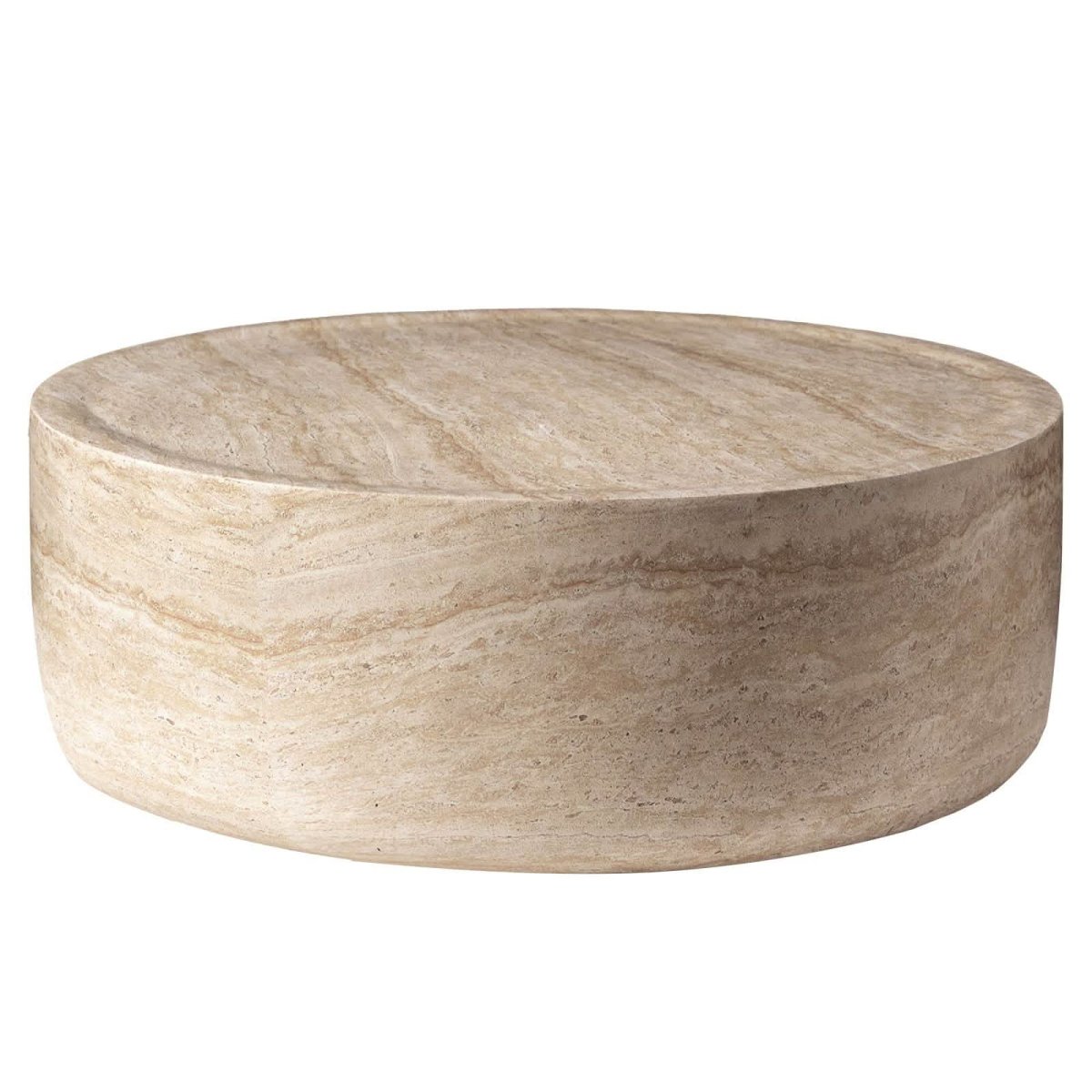 Sandy 32" Round Coffee Table, Travertine Finish, Fiberstone, Indoor/Outdoor