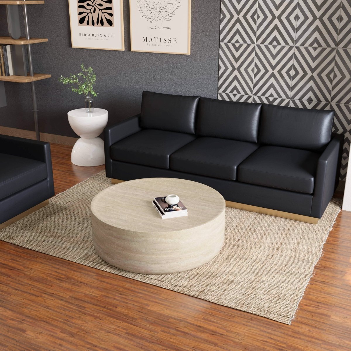 Sandy 32" Round Coffee Table, Travertine Finish, Fiberstone, Indoor/Outdoor