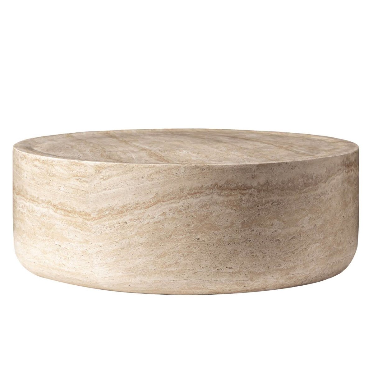 Sandy 32" Round Coffee Table, Travertine Finish, Fiberstone, Indoor/Outdoor