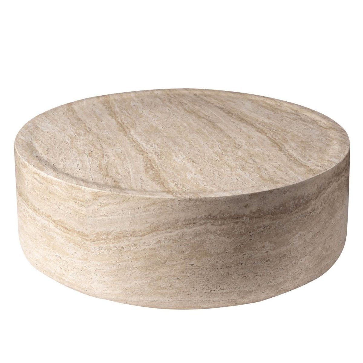 Sandy 32" Round Coffee Table, Travertine Finish, Fiberstone, Indoor/Outdoor