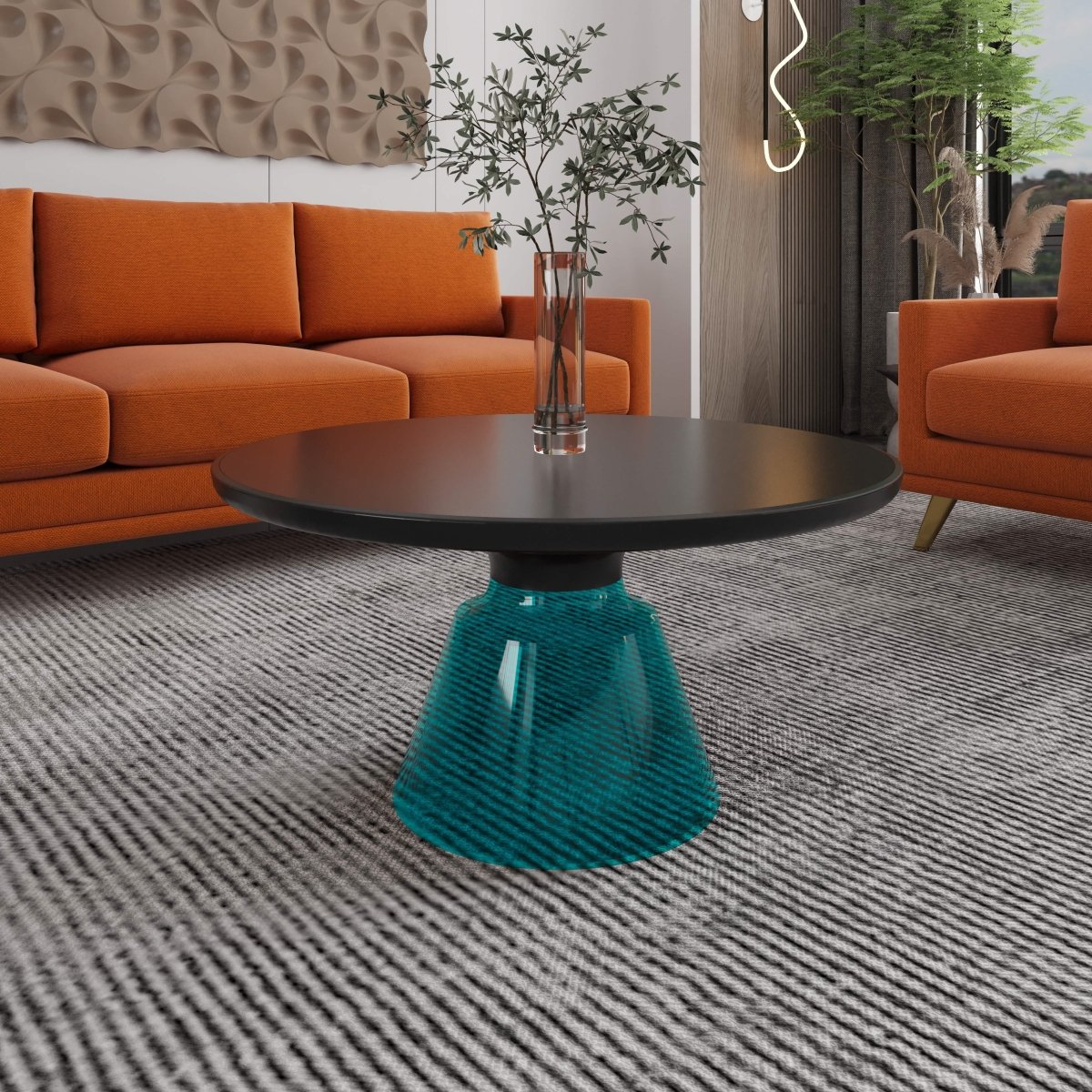 Tully 30 - Inch Round Glass/Stone Coffee Table with Iron Rim Frame and Glass Base