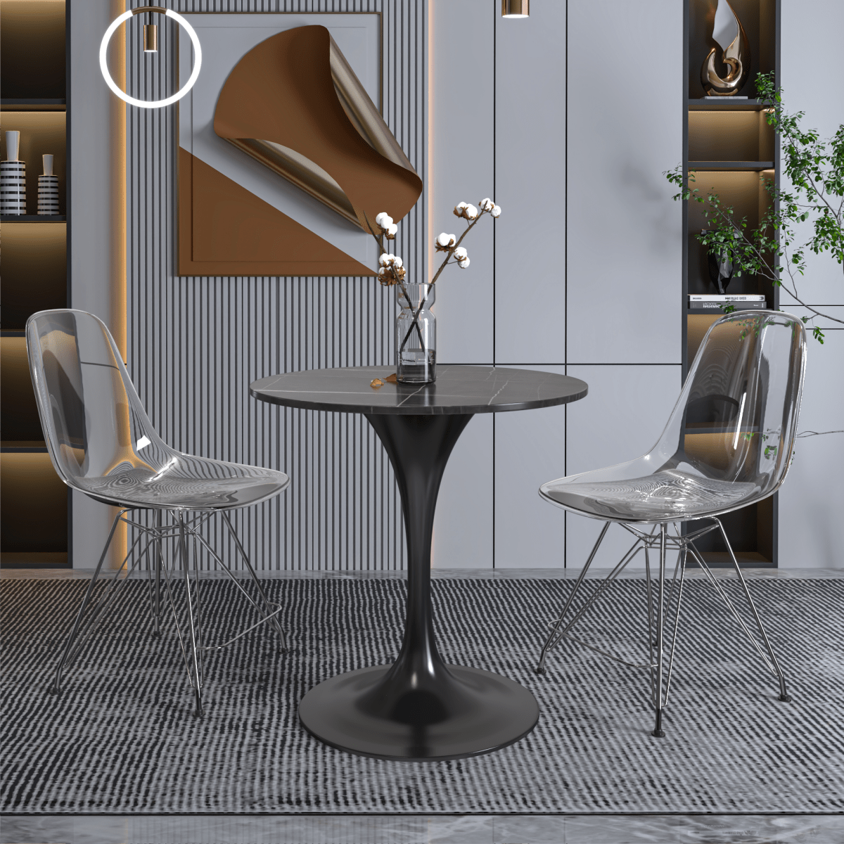 Verve Round Dining Table with MDF/Sintered Stone/Resin Tabletop in Black Stainless Steel Pedestal Base