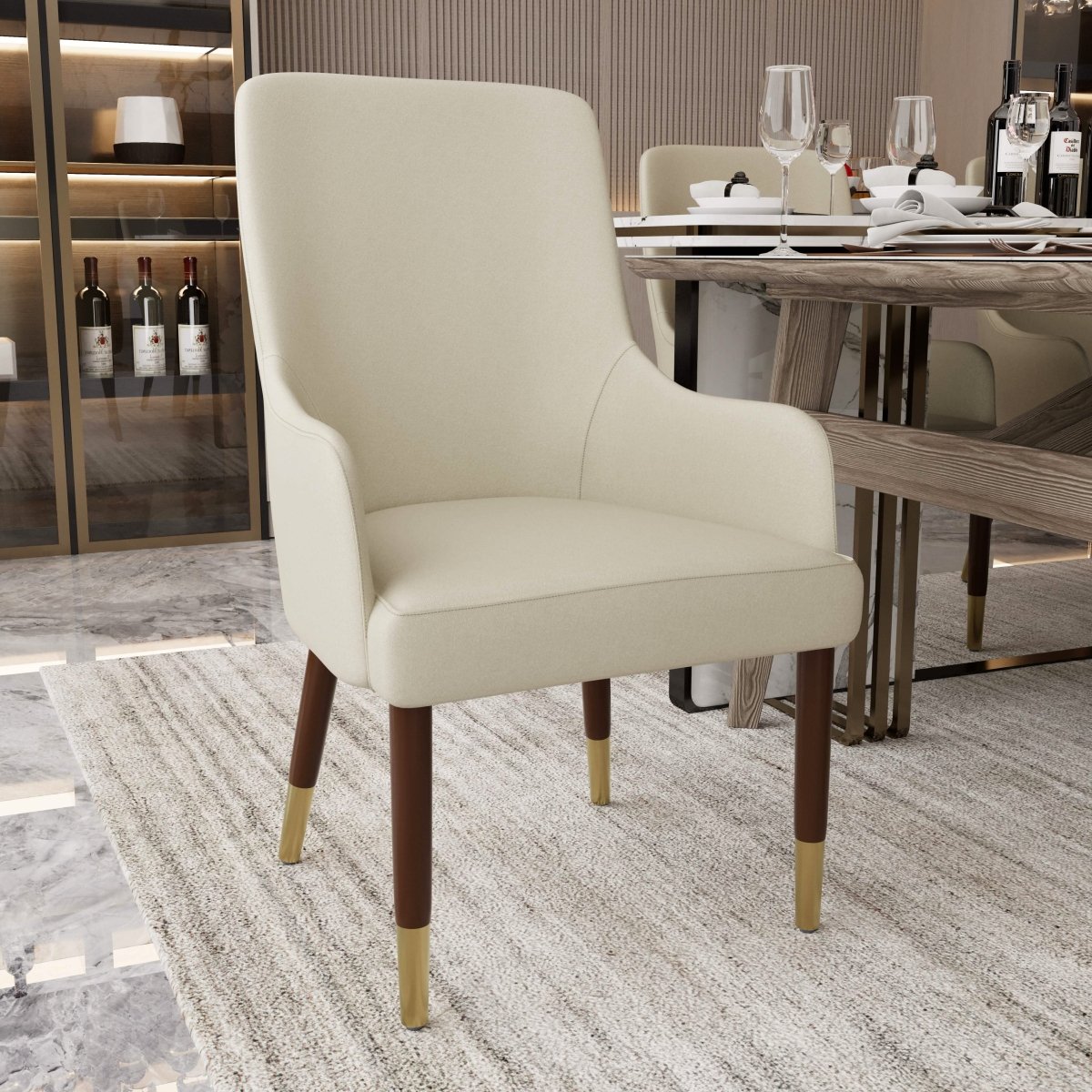 Viva Collection Modern Wooden Dining Arm Chair Upholstered Seat in Leather with Rubber Wood Base Set of 4