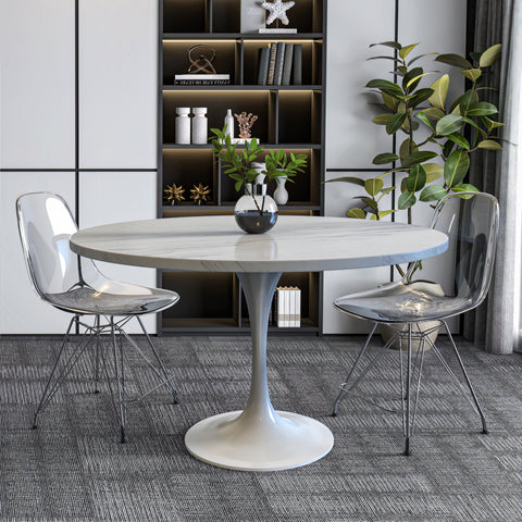 LeisureMod Verve Modern Round Dining Table with a White Resin Tabletop and White Steel Pedestal Base