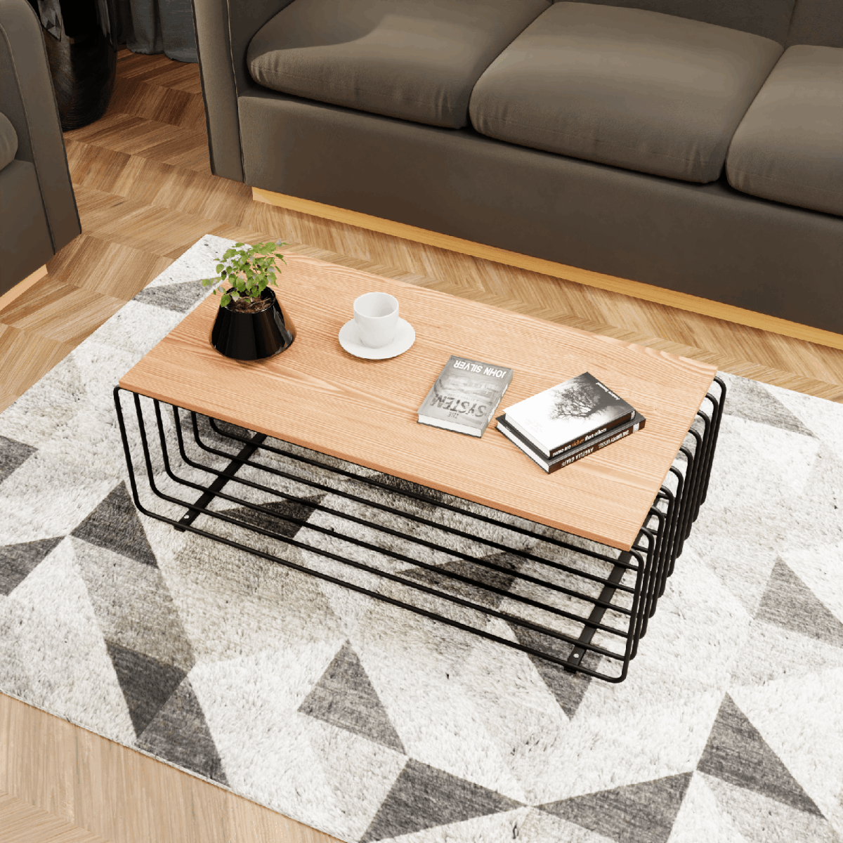 Walden Rectangular Coffee Table with Ash Wood Tabletop in Black Steel Frame