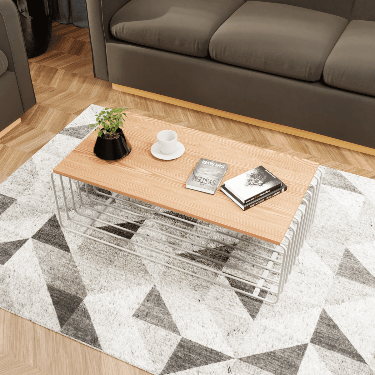 Walden Rectangular Coffee Table with Ash Wood Tabletop in Black Steel Frame