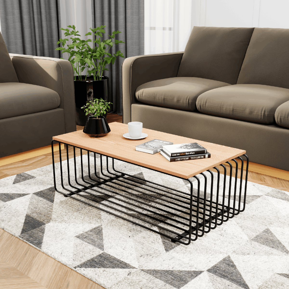 Walden Rectangular Coffee Table with Ash Wood Tabletop in Black Steel Frame