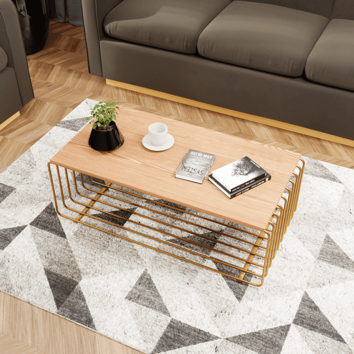 Walden Rectangular Coffee Table with Ash Wood Tabletop in Black Steel Frame