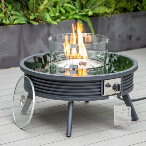 LeisureMod Walbrooke Outdoor Patio Round Fire Pit and Tank Holder with Slats Design