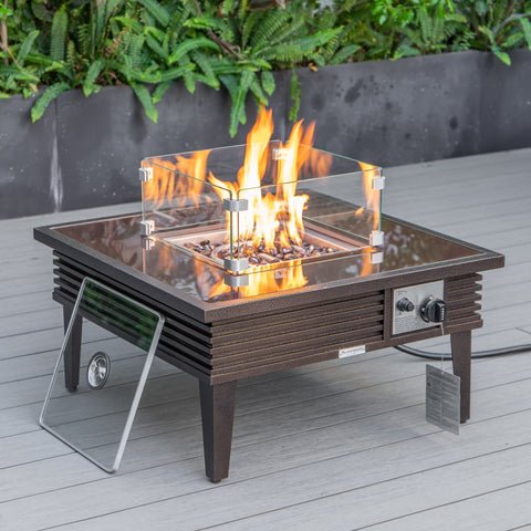 LeisureMod Walbrooke Outdoor Patio Square Fire Pit and Tank Holder with Slats Design