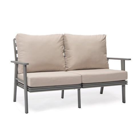 LeisureMod Walbrooke Modern 3-Piece Outdoor Patio Set with Grey Aluminum Frame and Removable Cushions Loveseat and Set of 2 Armchairs