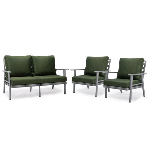 LeisureMod Walbrooke Modern 3-Piece Outdoor Patio Set with Grey Aluminum Frame and Removable Cushions Loveseat and Set of 2 Armchairs