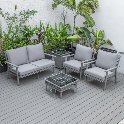 LeisureMod Walbrooke Modern Grey Patio Conversation With Square Fire Pit With Slats Design & Tank Holder