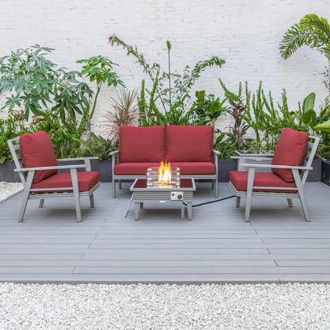 LeisureMod Walbrooke Modern Grey Patio Conversation With Square Fire Pit With Slats Design & Tank Holder