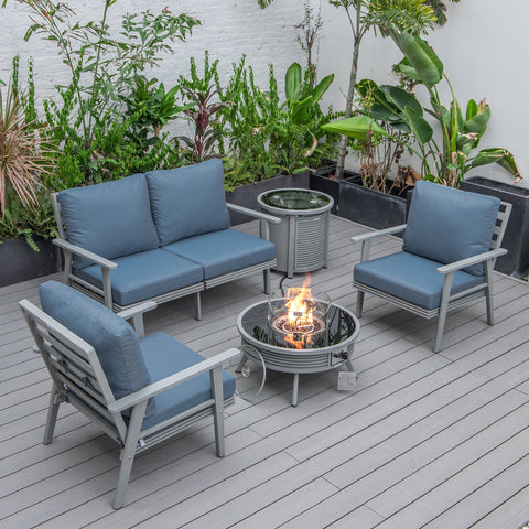 LeisureMod Walbrooke Modern Grey Patio Conversation With Round Fire Pit With Slats Design & Tank Holder