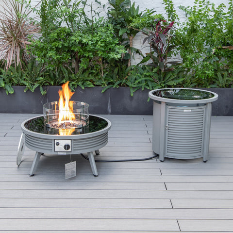 LeisureMod Walbrooke Modern Grey Patio Conversation With Round Fire Pit With Slats Design & Tank Holder
