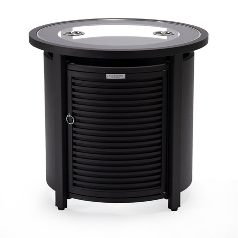 LeisureMod Walbrooke Modern Round Tank Holder Table with Tempered Glass Top and Powder Coated Aluminum Slats Design