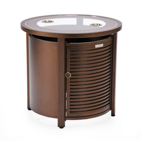 LeisureMod Walbrooke Modern Round Tank Holder Table with Tempered Glass Top and Powder Coated Aluminum Slats Design